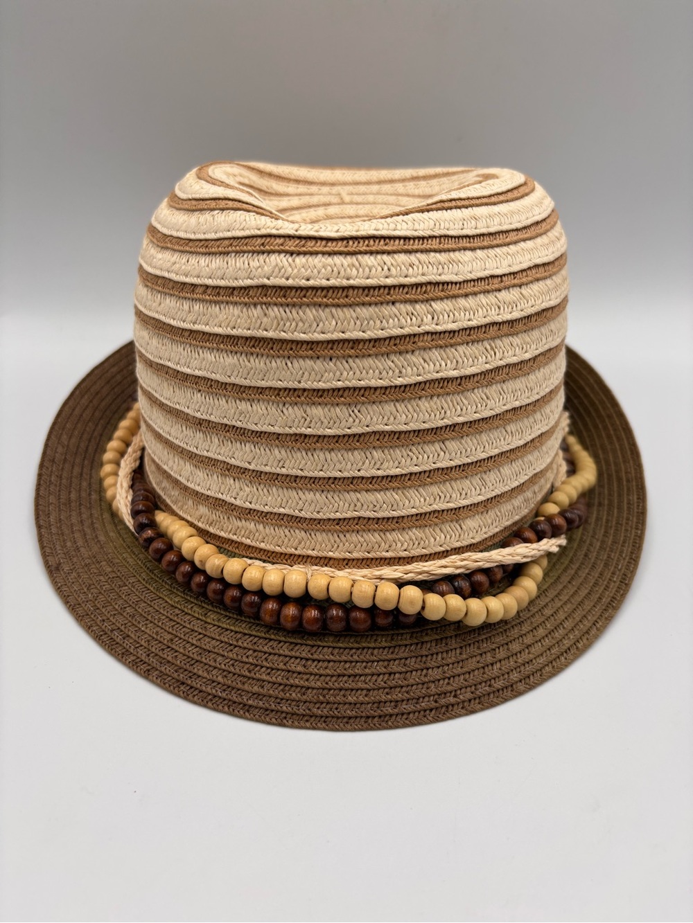 Coldwater Creek Fedora Straw Hat One Size Baja Beaded Brown Band Short Brim
